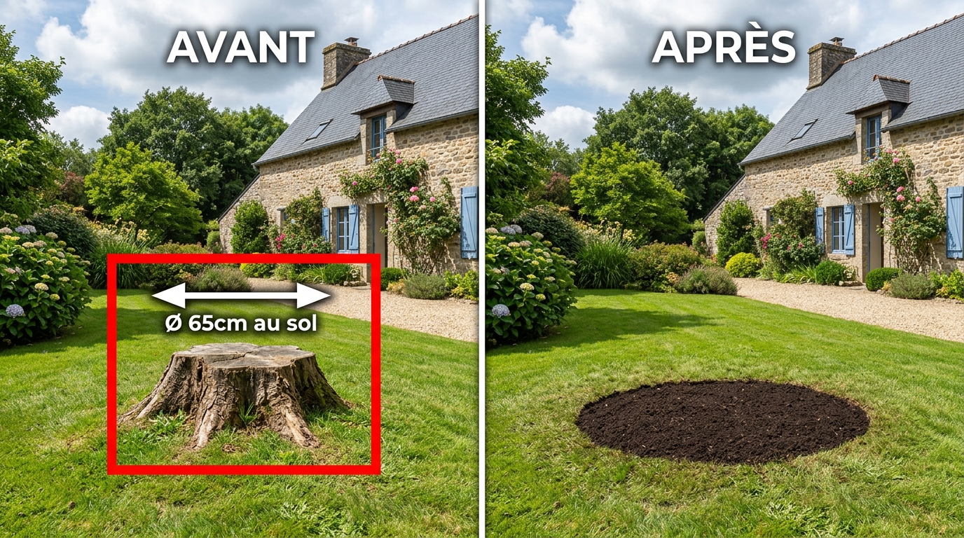 Résultat d'une souche d'arbre rognée avec cadre rouge AVANT APRÈS et diamètre