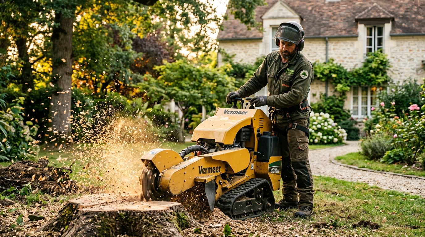 Artisan dessoucheur qualifié opérant une rogneuse de souche compacte à Garches